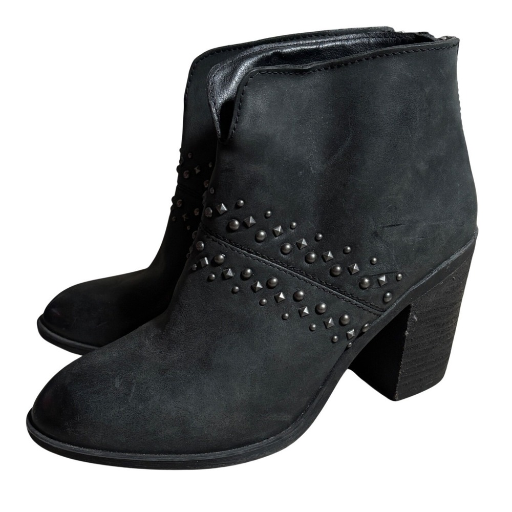 Lucky Brand 7M Black Studded Leather Ankle Boot Block Heel Booties Festival Moto